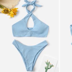 Ribbed Cross Halter Top With High Cut Bikini